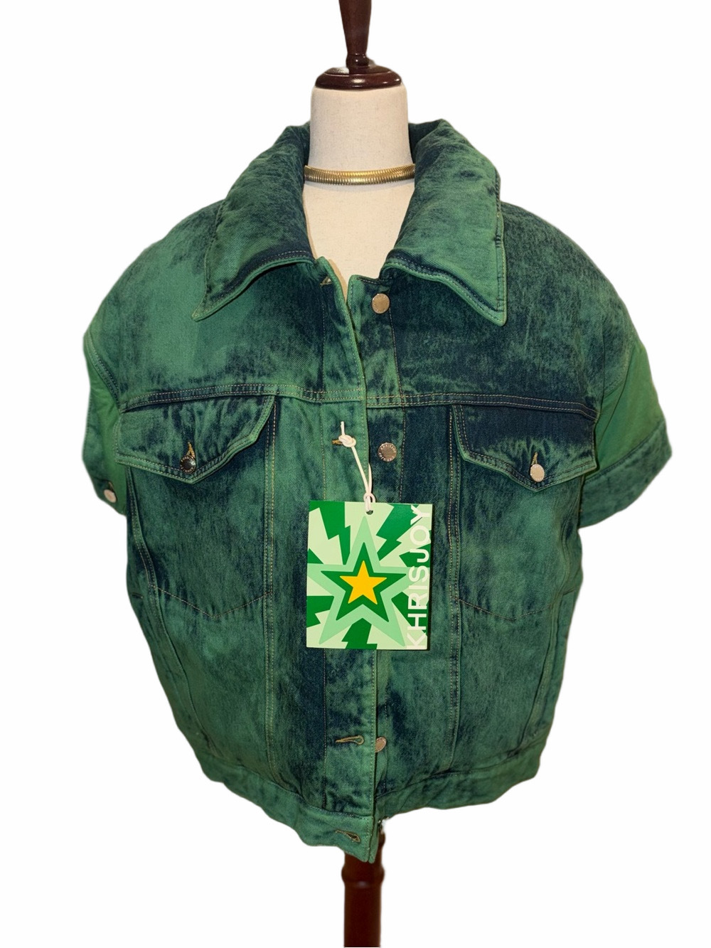 KHRISJOY Green Acid Wash Denim Jean Vest Sz M